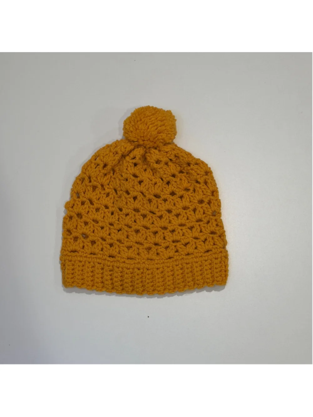 Hand Crocheted Mustard Yellow Pom Pom Beanie Adult One Size